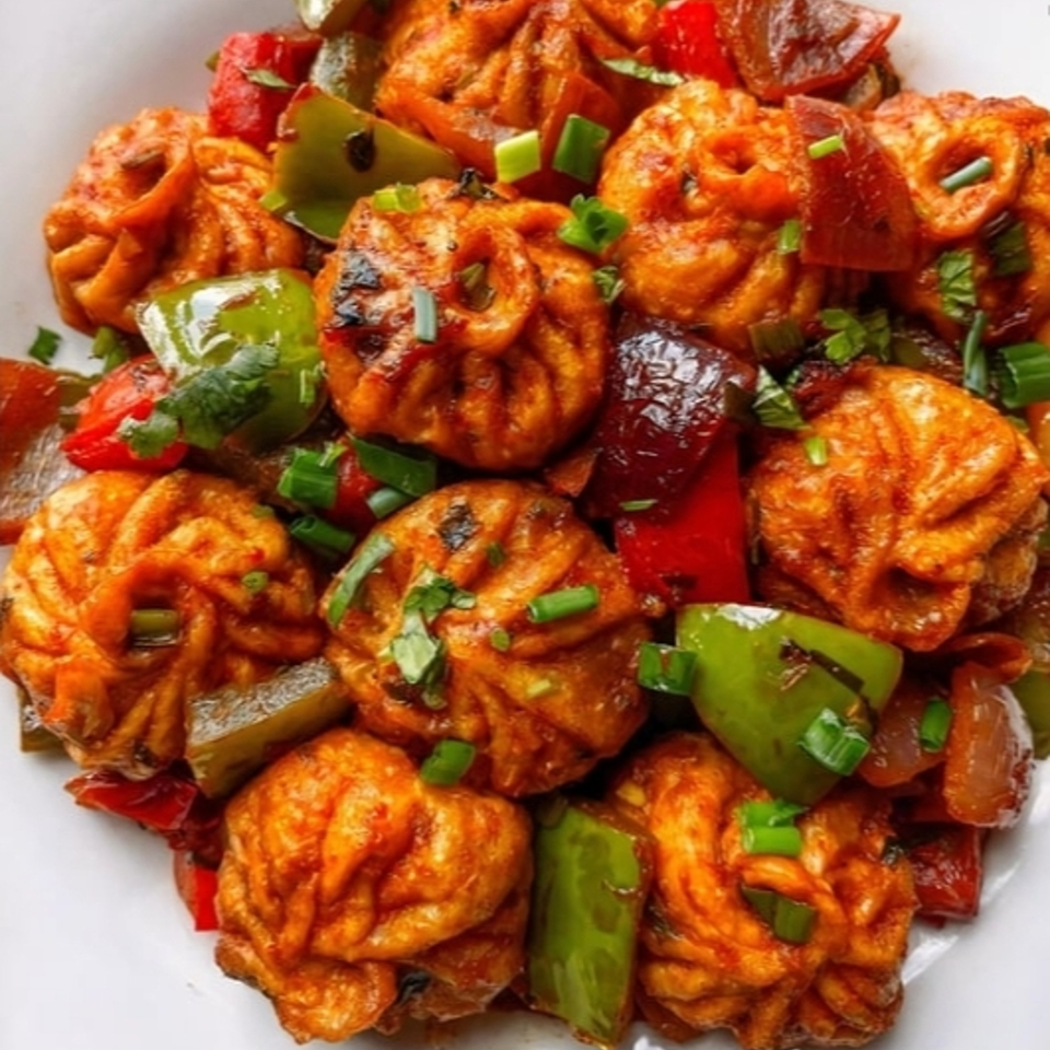 Close-up of YOYO MOMOSS's fried momos with bell peppers and green onions.