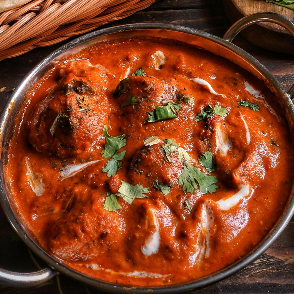 A close-up of a metal bowl filled with YOYO MOMOSS's vibrant red Indian curry, garnished with fresh cilantro.